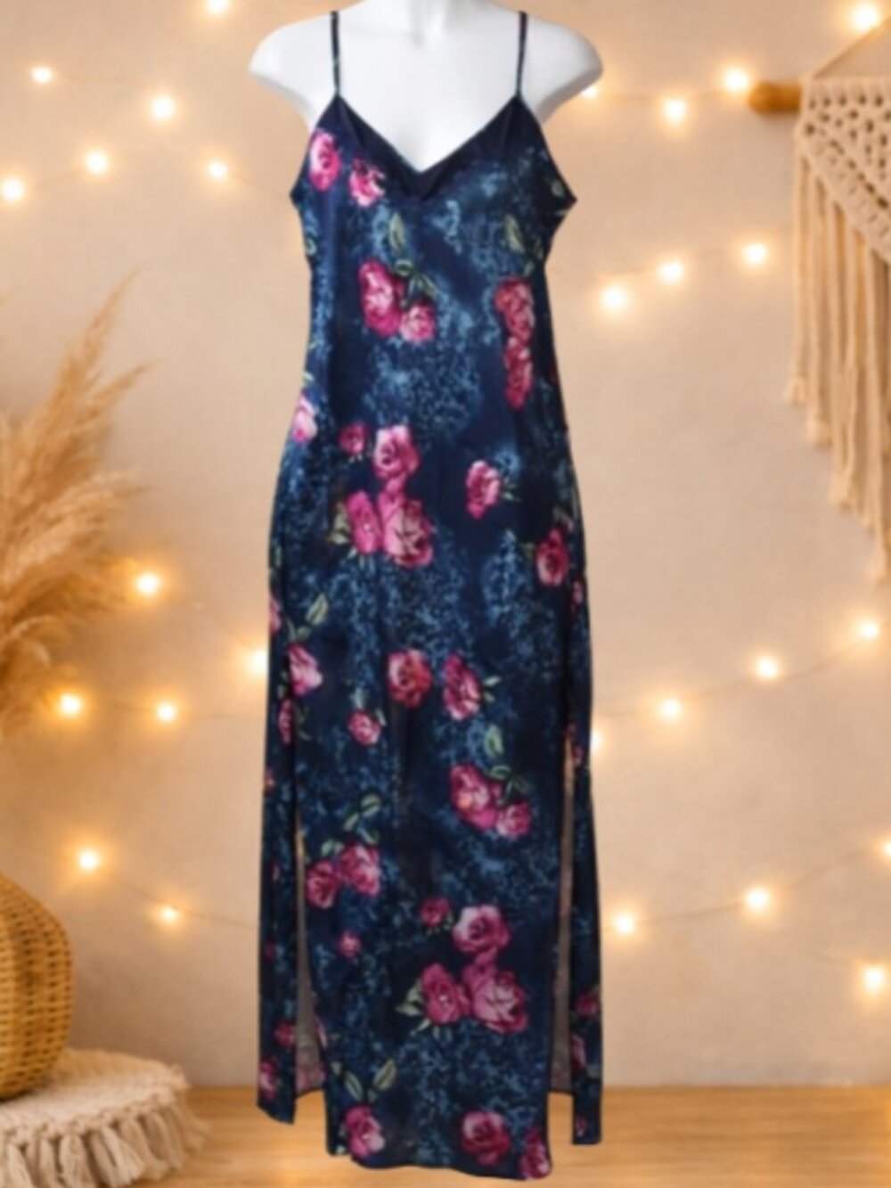 Secret Treasures Navy Floral Satin Chemise 1X Cottagecore Romantic Slip Style